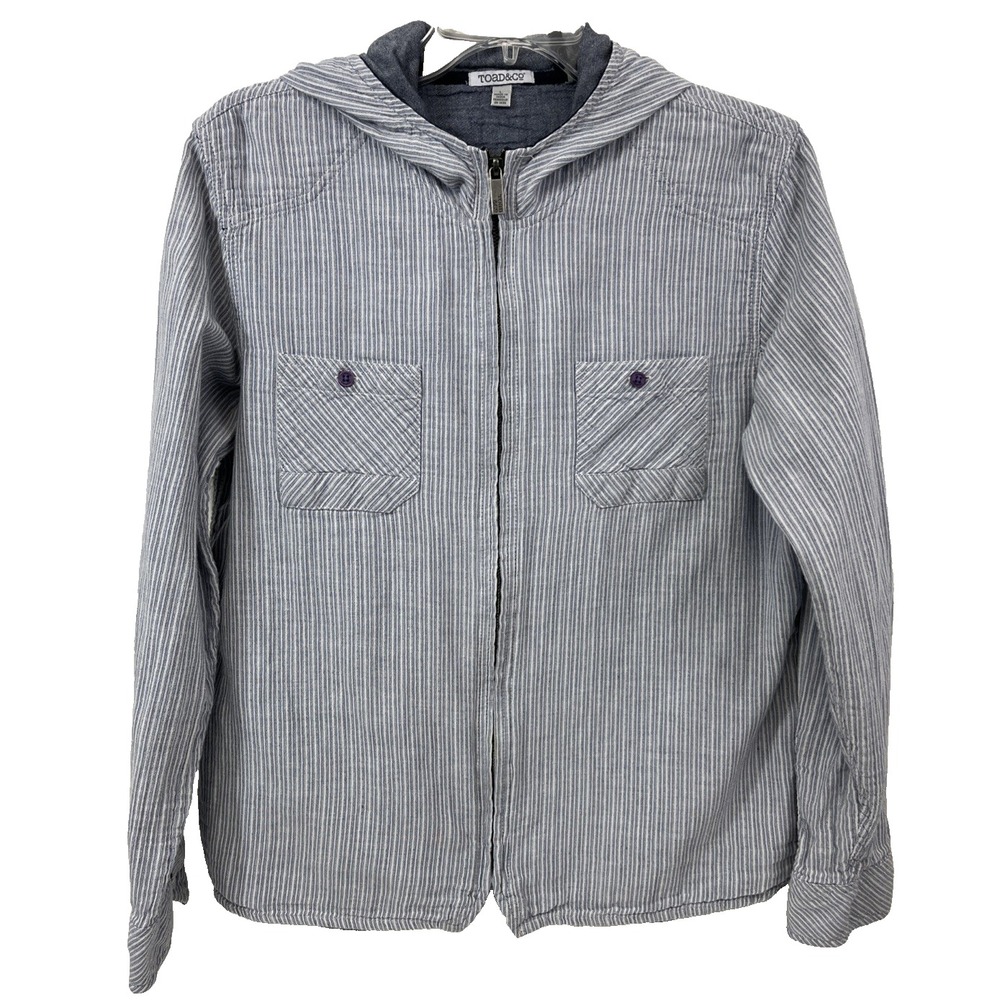 Toad & Co Women's Hooded Jacket Organic Cotton Size L Full Zip Hickory Stripe